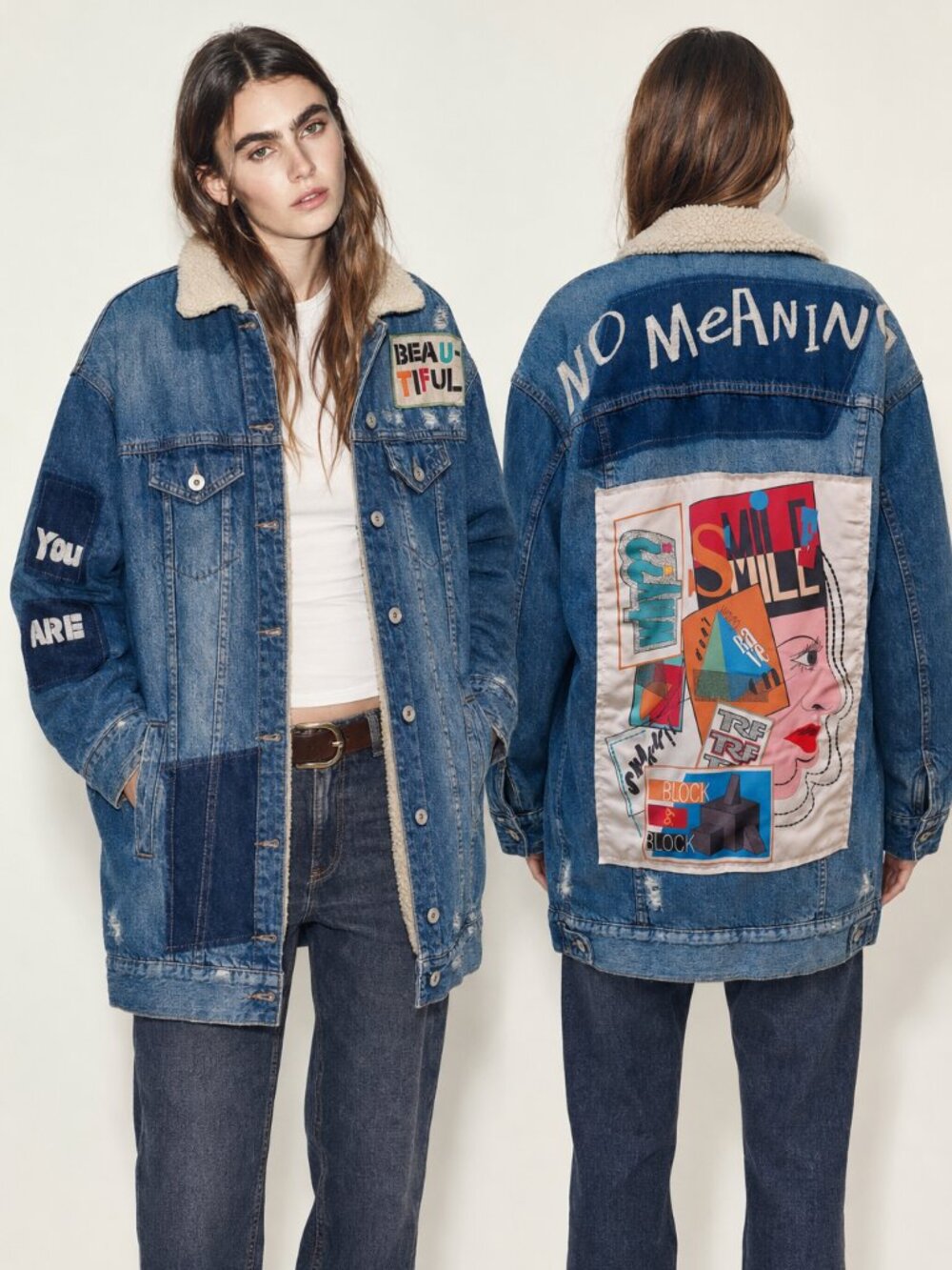 💥MUST HAVE!💥ZARA VIntage Distressed Denim Graphic Shearling Longline Jacket